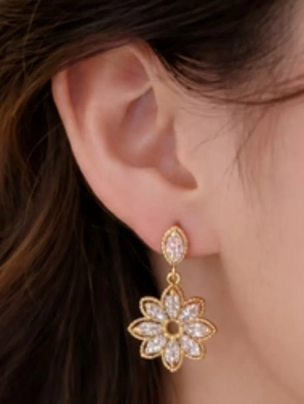 Gold Plated Dainty Zirconia Flower Hollow Stud Earrings